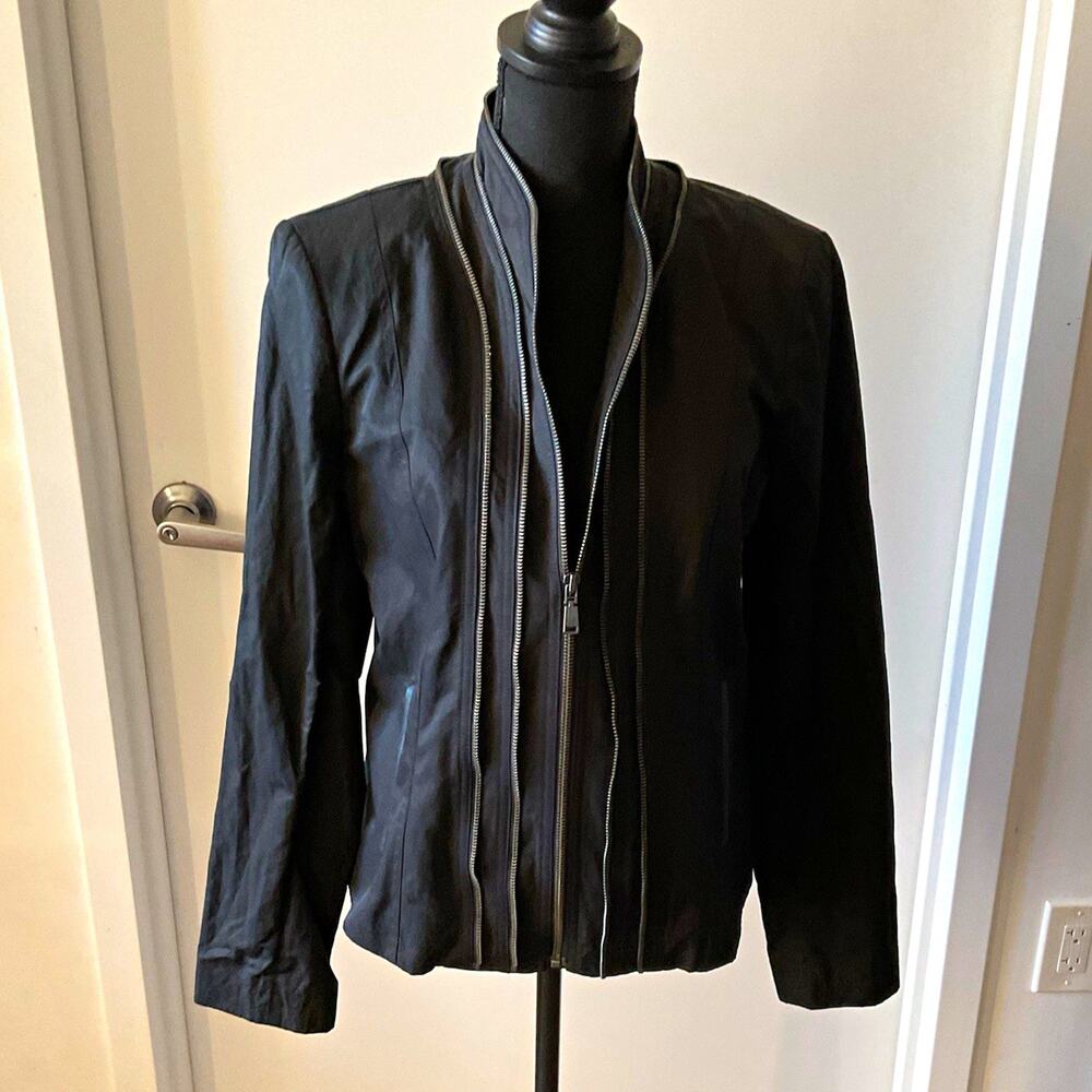 Elie Tahari Black Multi Zipper structured Jacket Lamb Leather Trim M